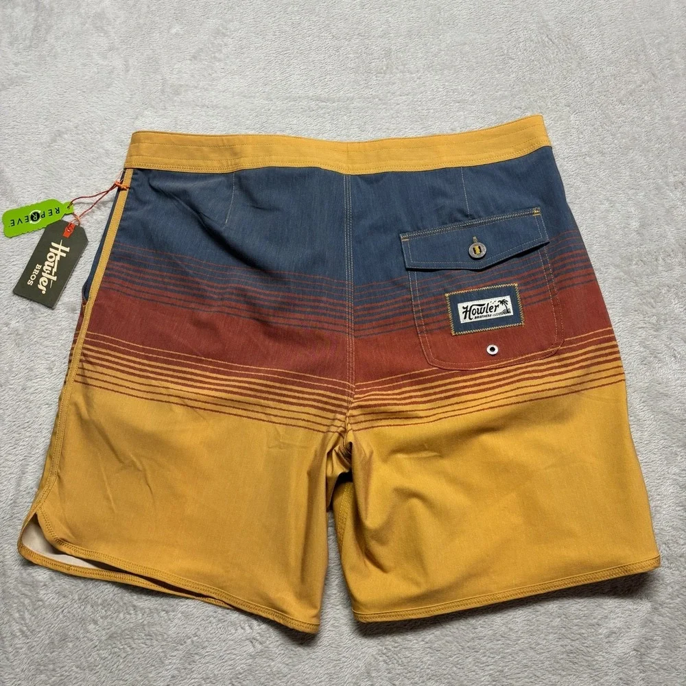 NWT Howler Bros Bruja Boardshorts Mens 38 Meridians Old Gold Stripes NEW Stretch
